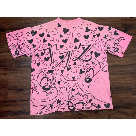 Vintage 1994 Taz Pink Hearts T-Shirt Tasmanian - Picture 5 of 7